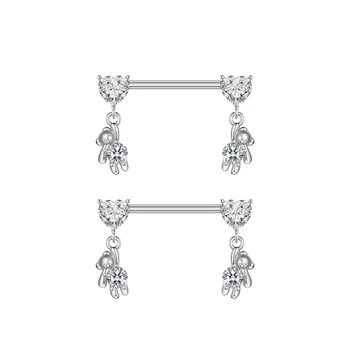 Set 5 14G Silver Medical Steel Heart-Bear Ursa  Zircon Nipple Piercing Breast Ring Jewelry for Women Girls for Weddings