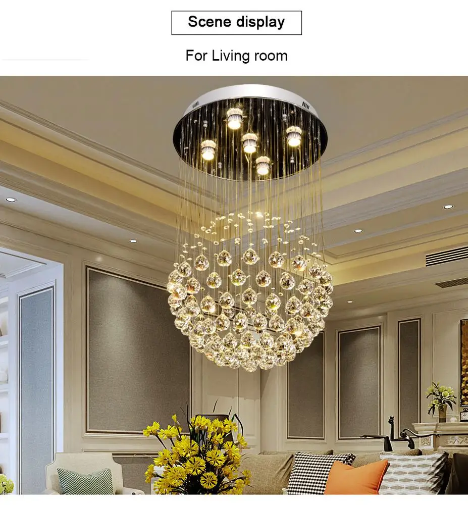 K9 Crystal Chandelier round Shape Pendant Light with Hanging Wire for Living Room Restaurant Ceiling Lamp Elegant Ball Design