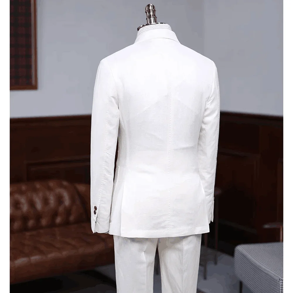 Linen Men Suits Chic Peaked Lapel Double Breasted Male Suit Slim Fit Smart Casual Groom aperçu 3