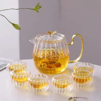 High Borosilicate heat-resistant Stripe double-layer coffee pot cover glass filter flower teapot