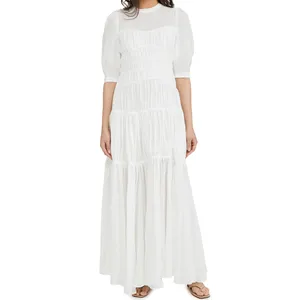 Casual Stylish Open Ties Back Half Puff Sleeves Tiered Long Maxi Linen Ladies White Dress Vestido