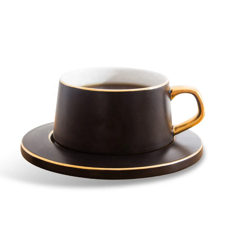 9 oz Custom Gold Handle Elegant Cafe Hotel Ceramic Cappuccino Latte Coffee Cup and Saucer Set with Steel Spoon