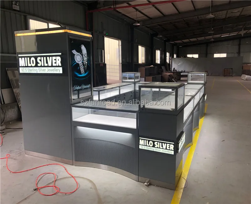 Luxury design glass and wooden jewelry display kiosk showcase with display stand