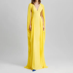 ZYHT 73571 Custom Elegant V-Neck Cape Sleeve Dresses Trendy Straight Yellow Maxi Party Gowns Modest Evening Dress for Women