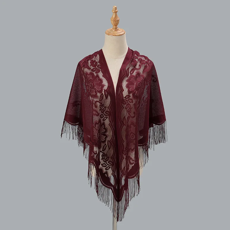 The New Autumn Winter Solid Color Hollow Out Tassels Scarves Fashion Breathable Lace Triangle Scarf and Shawls for Women