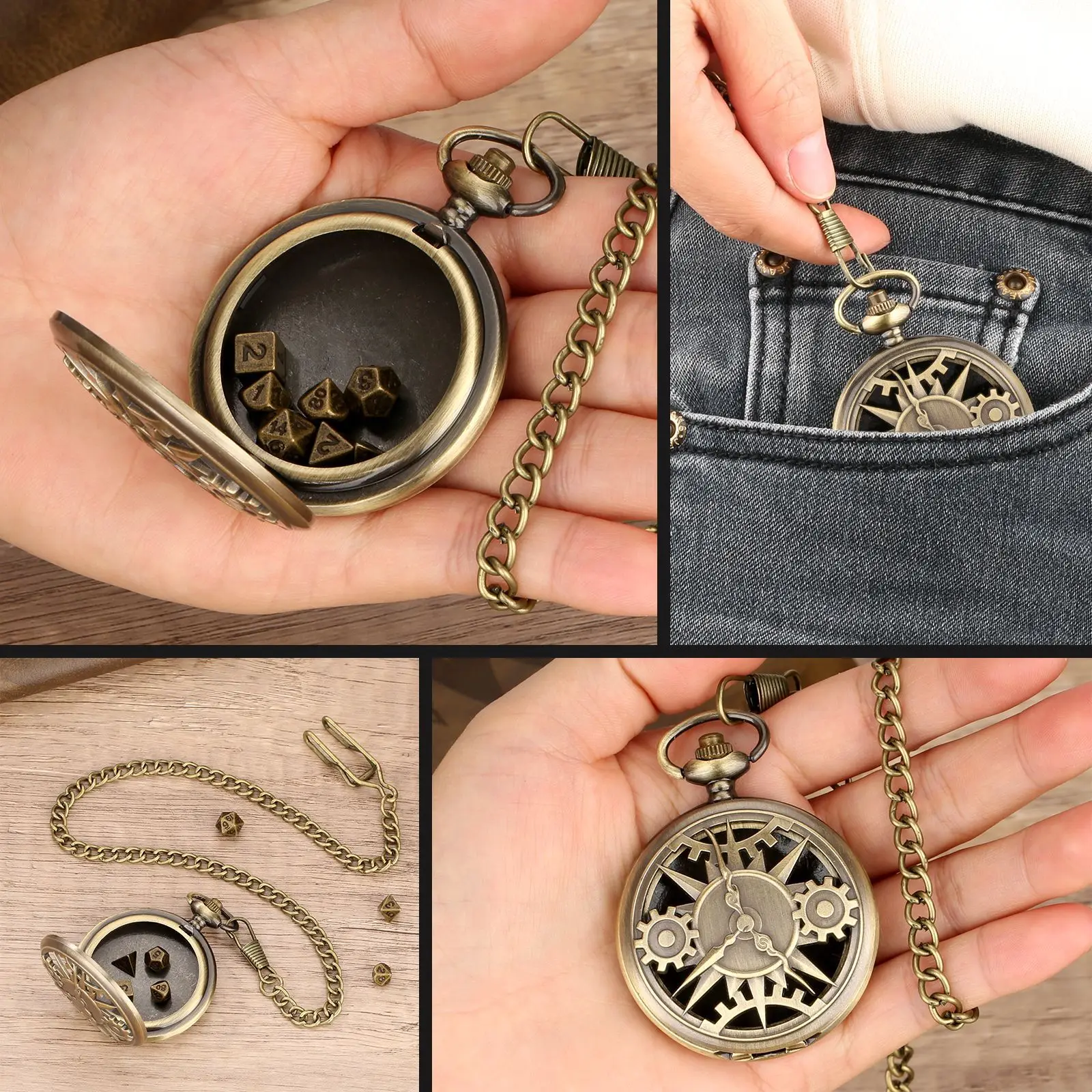Mini Dés D&D Steampunk – 7 Dés Polyédriques En Métal Avec Montre De Poche Et Sac En Cuir – Cadeau JDR