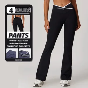 YISHENHON Women's High Waist Wide Leg Flared Yoga Pants Custom Logo Skinny Fit Crocheted Weaving Sports Tight Leggings Wholesale