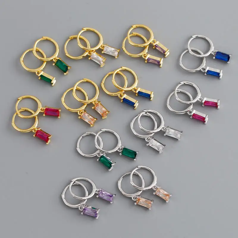 Daidan Gold Plated Earrings Hoops Simple Silver Baguette Colored Hoop 925 Sterling Silver Drop Cubic Zirconia Earrings