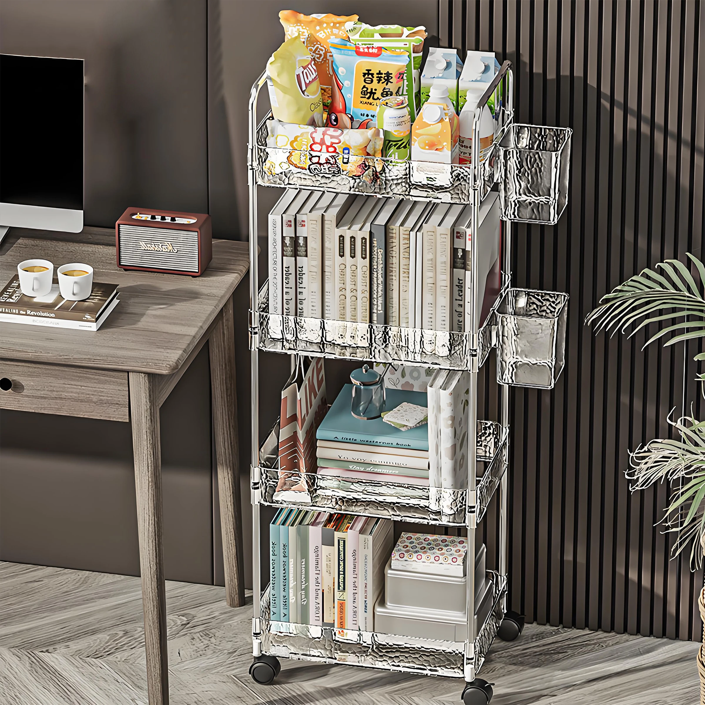 Light Luxury 4-Tier Kitchen Cart Organizer Multi-Layer Transparent Plastic Storage Rack with Wheels Luxury Rack Holder Home Use