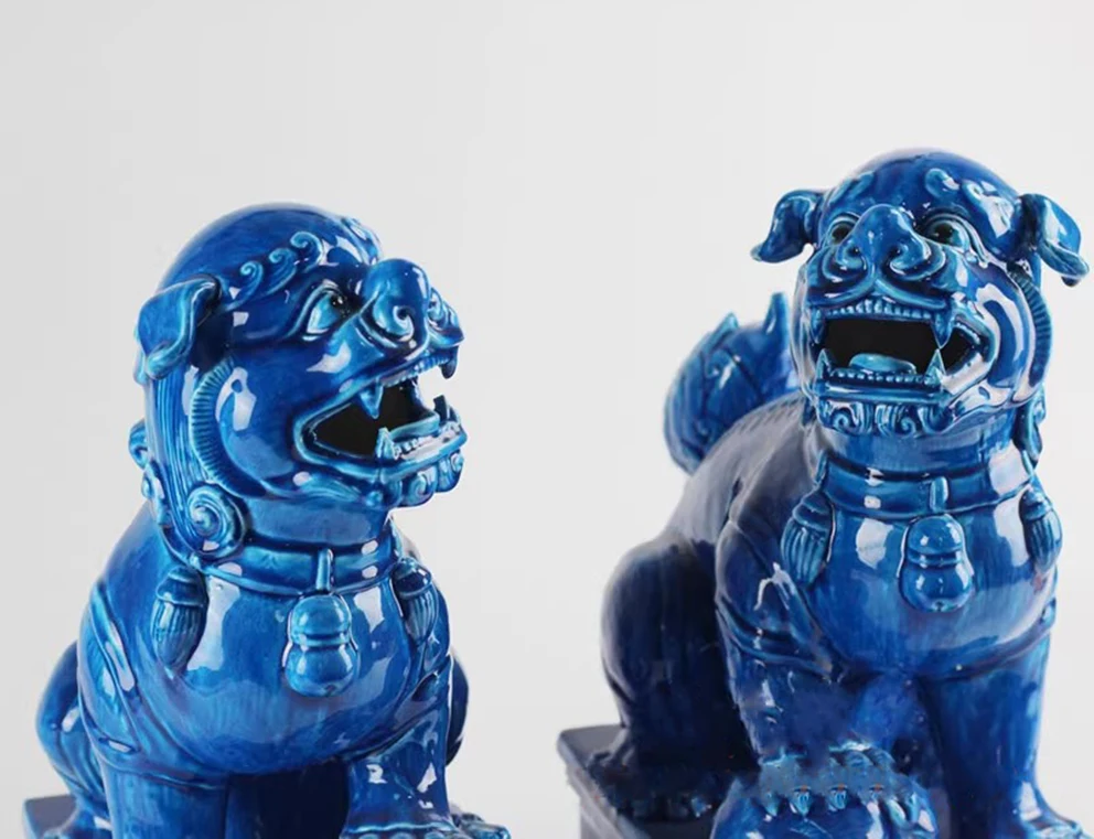 Antique Jingdezhen Ceramics - Blue Lion Statues for Home Decor