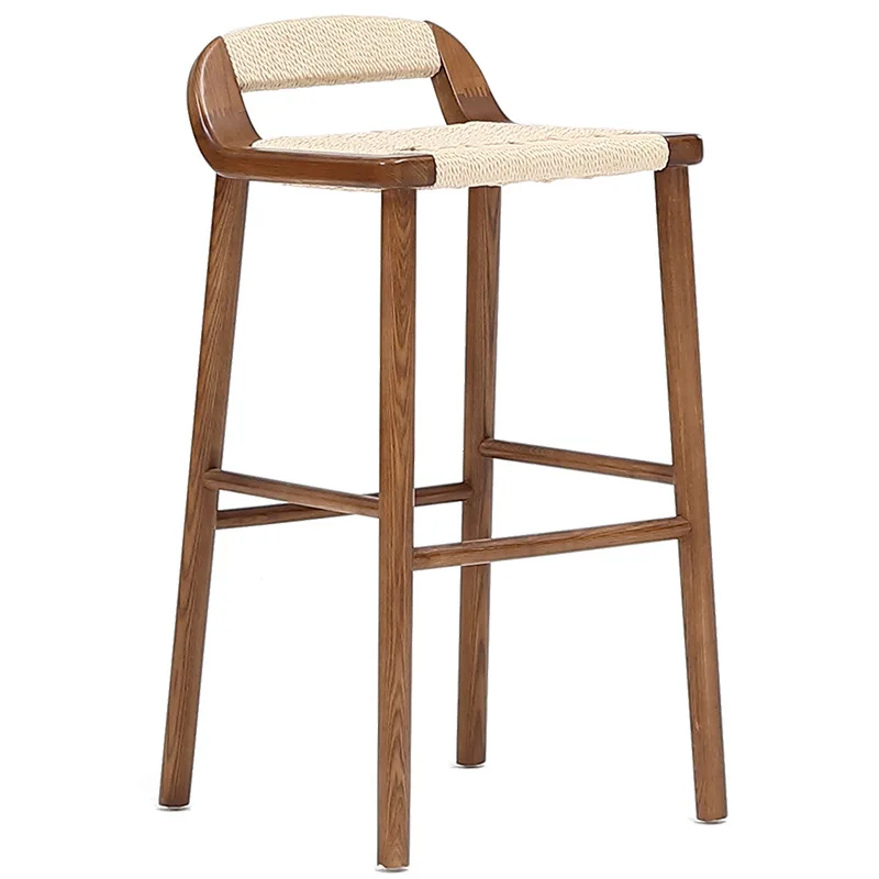 Modern Solid Wood High Bar Stool For Kitchen Counter Vintage Handwoven