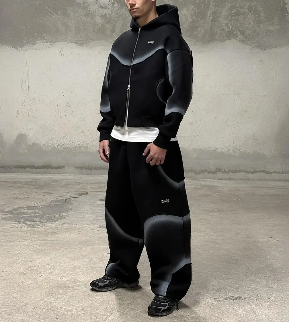 Custom Men's High Quality Heavyweight Fleece Streetwear Cropped Flare Screen Printing Embroidery Solid Sweatpants Hoodie Sets gallery 7