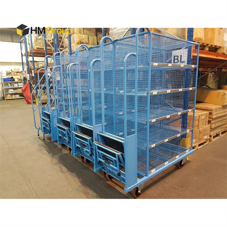 Multi Tier Rolling Portable Strong Large Strong Warehouse Trolley Industrial Order Picking Carts  with Ladder