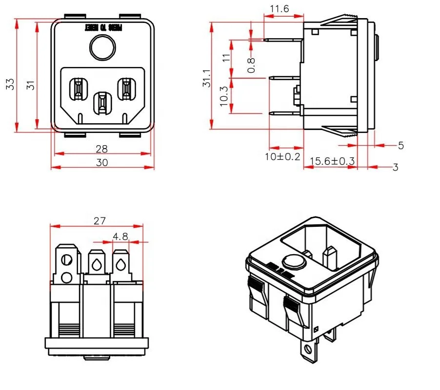 Kuoyuh 88D Series 10A Overload Protection Thermal Circuit Breaker - Push to Reset Single Pole with Socket & Switch