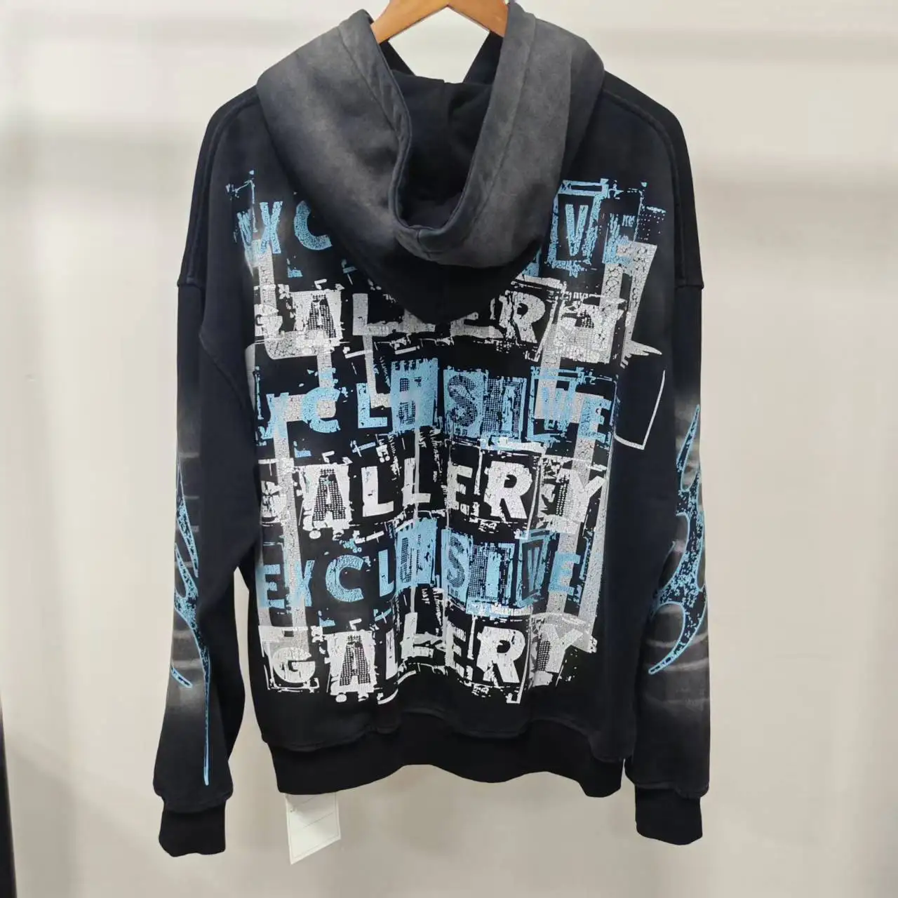 Wholesale Custom Graphic Print Rhinestone Acid Wash Oversized Streetwear Pullover French Terry Sweatshirt Casual Men Hoodie gallery 2