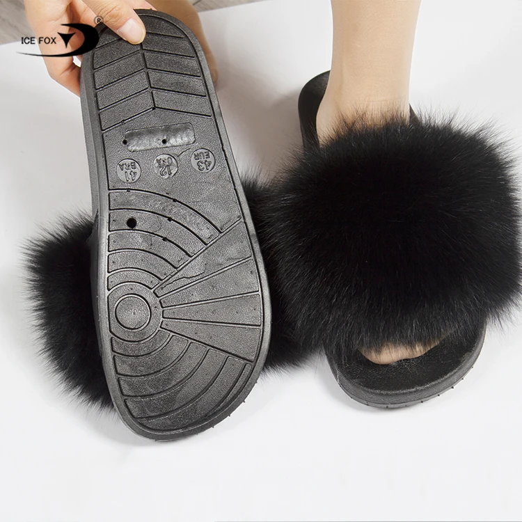 Black Fox Fur Slides With Red Stripe, Fur Slippers, Fluffy Slides