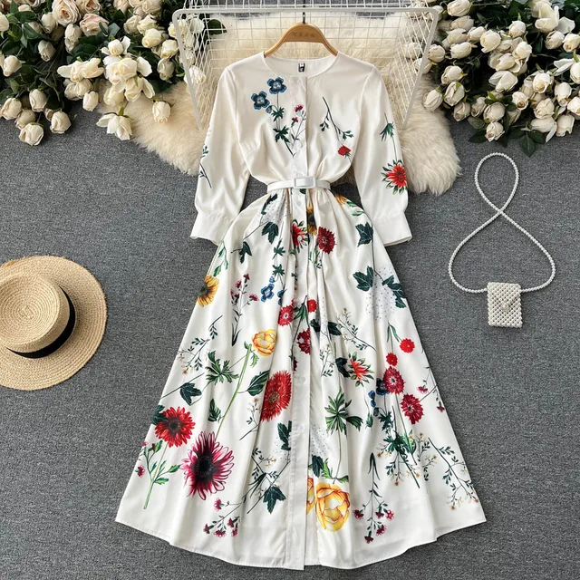 Temperament Flower Print Shirt Dress Belt Buttons Half Sleeves O-neck Dress Slim Midi Dress Elegant Women