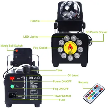 500W Fog Machine with 9 LED Lights and Disco Ball Lights Remote Control Smoke Machine for Wedding Halloween Party Stage Effect detail image