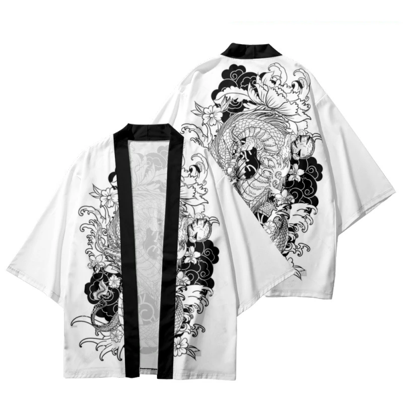 Black And White Drawing Cartoon Dragon Print Traditional Kimono Men ...