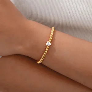 Simple Waterproof Beaded Heart Bracelet Bangles Women 18k Gold Plated Stainless Steel Beads Bracelets