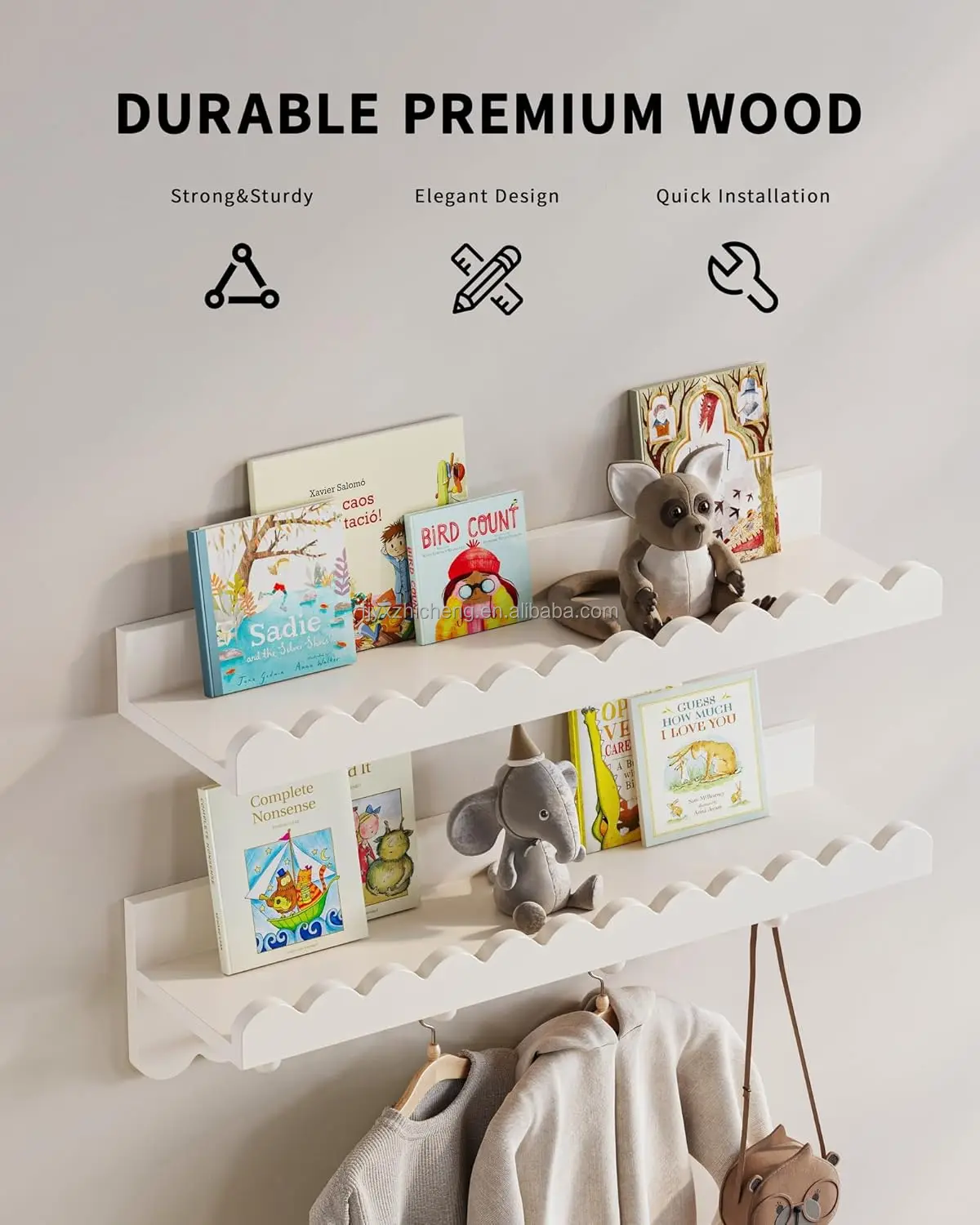 product nursery book shelves space saving modern decorative design with scalloped shelves and coat hooks set of 3-4