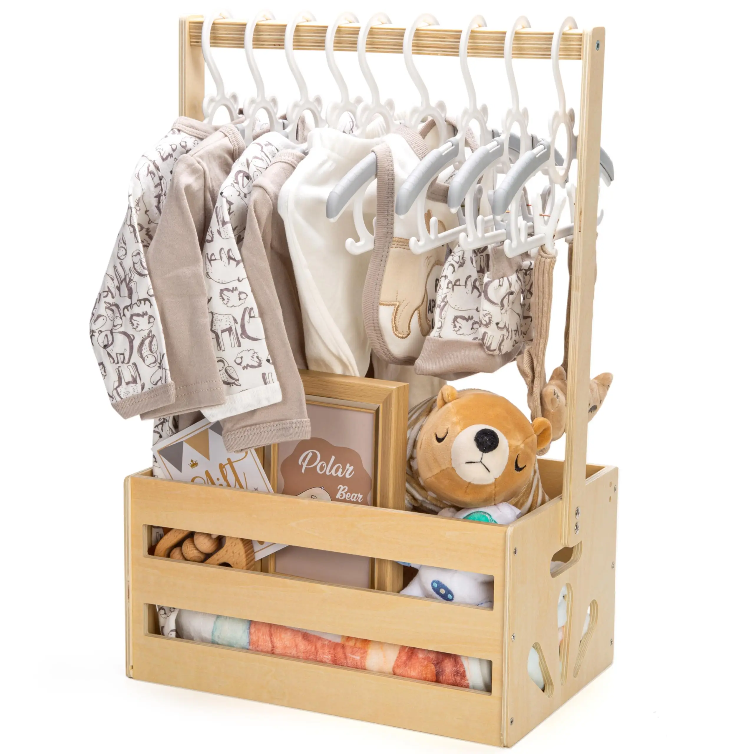 Houten Baby Gift Mand met Verstelbare Handvat en Douche Krat Kast voor Opslag en Decoratieve Kleding Rack voor Baby Shower, Zwangerschap en Nieuwe Ouder Geschenken