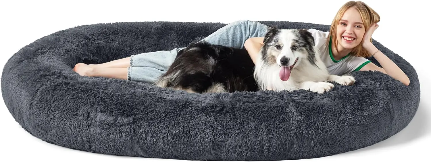 Large Human Dog Bed Human-Sized Big Dog Bed for Adults & Pets Giant Beanbag Bed with Washable Fur Cover, Blanket and Strap