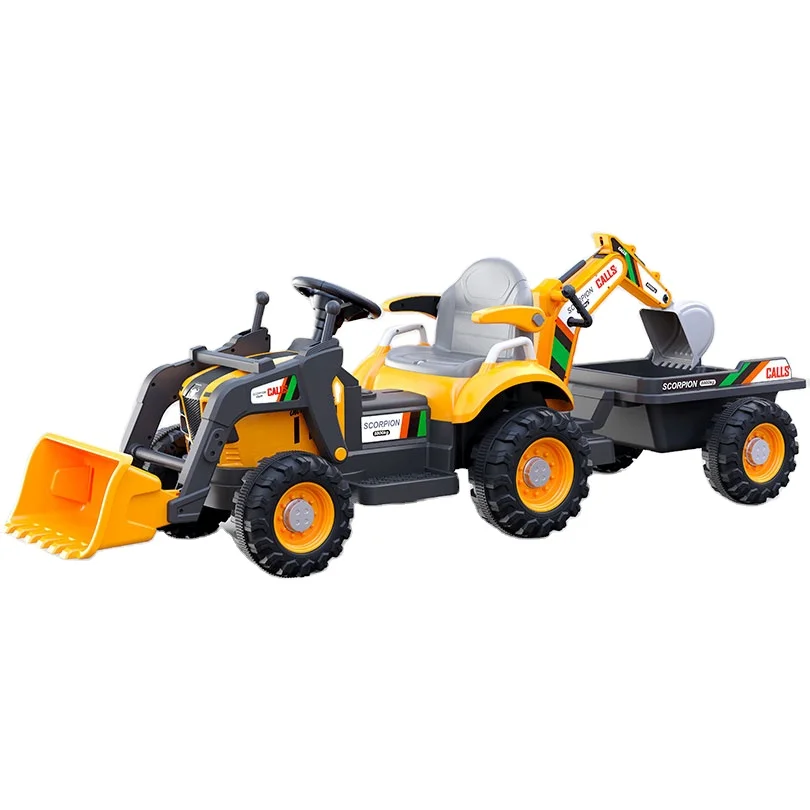 Kids Toy Battery Operated Ride on Car Electric Tractor with Trailer and Digger and Front Loader