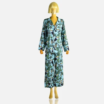 New Arrival Autumn Winter Silk Tropical Print Nightwear 2 Piece Pajama Set For Women
