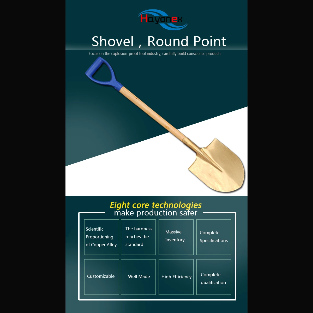 OEM China Hayonex Explosion Proof Non Sparking Tools with Handle Pointed Shovel Made of Brass Copper Aluminium Bronze Tool