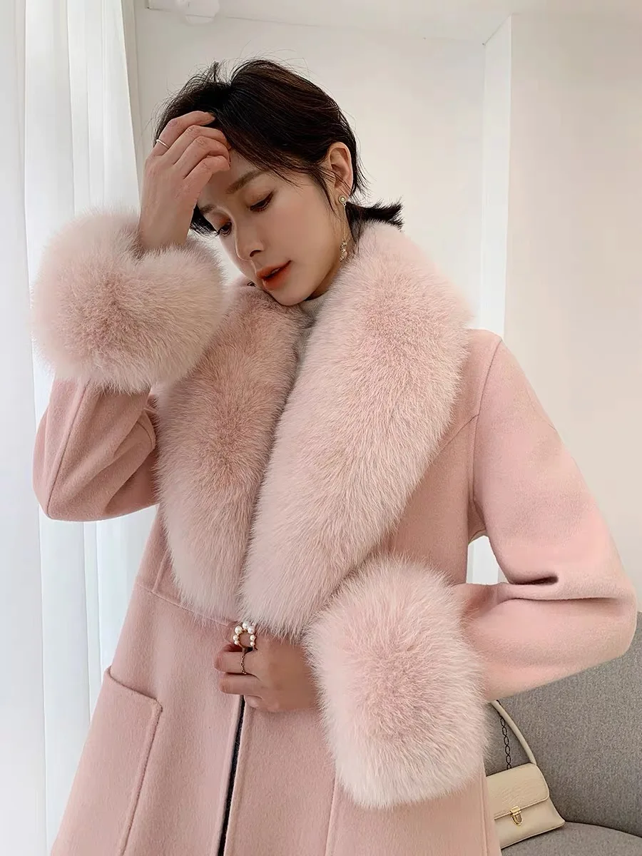 Abrigo largo de lana rosa para mujer, abrigo largo personalizado