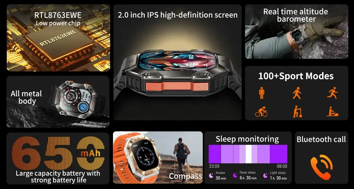 Smart Watch KR80 Men Outdoor Sports Fitness Tracker BT Call Music 2inch Screen Compass 650mAh Large Battery Smartwatch