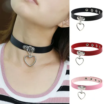 Pink Leather Heart Choker Love Heart Pendant Choker Necklace