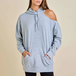 Wholesale Sweatshirt Sexy One Shoulder Cold Shoulder Cutout Heather Blue Long Sleeve Streetwear Women Hoodie
