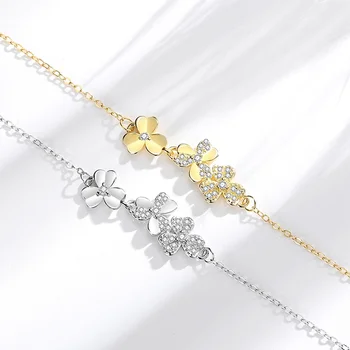 VNANA Clover Flower Bracelet White Yellow Gold Plated White Zircon Charm Designer Brand Women Friendship Bracelets Jewelry