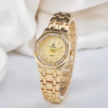 Vanma Luxury Business Wrist Watch, Golden Quartz Movement with Rhinestone Embellishments, Durable Alloy Strap, Pointer Display