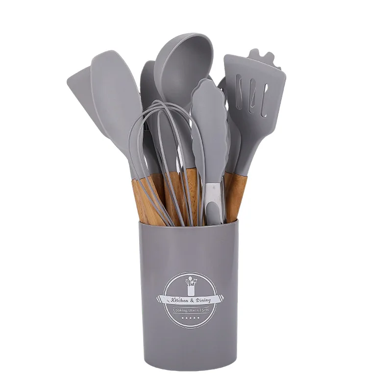Reasonable Price 12 in One Silicone Kitchenware Products Non-Stick Heat Resistant Kitchen Utensils Set With Wooden Handle