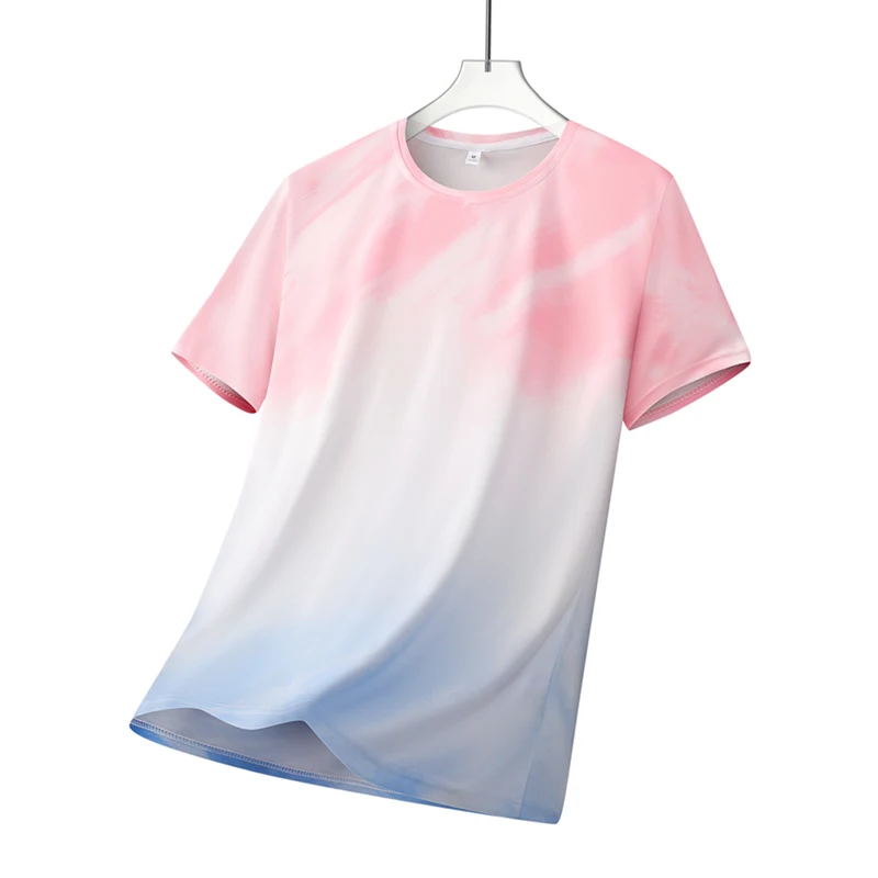 Men's Gradient Tie-Dye Crew Neck Short-Sleeve 100% Polyester Breathable Casual Summer Sports T-Shirt