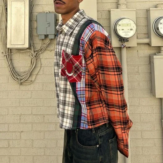 Custom Streetwear Tshirts Collar Button Down up Embroidery Long Sleeve Vintage T-shirt Vintage Plaid Check Flannel Shirt for Men gallery 3