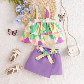 Europe and America 2024 Summer new Girls' Sweet printed suspender cake top drawstring culottes two-piece suit