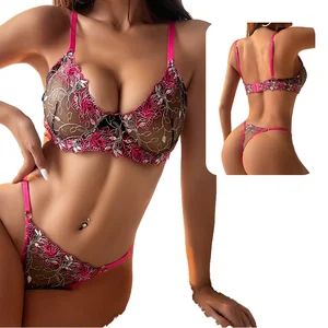 Factory Wholesale Women's Underwire Bra Thong Lingerie Set Sexy Embroidered Lace Transparent Underwear Polyamide Canvas
