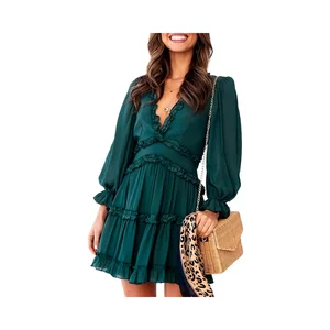 Women's 2025 Summer Spring Solid Pattern Casual Dress Washable Worsted Deep V-Neck Ruffle Long Sleeve Open Back Flowy Mini Dress