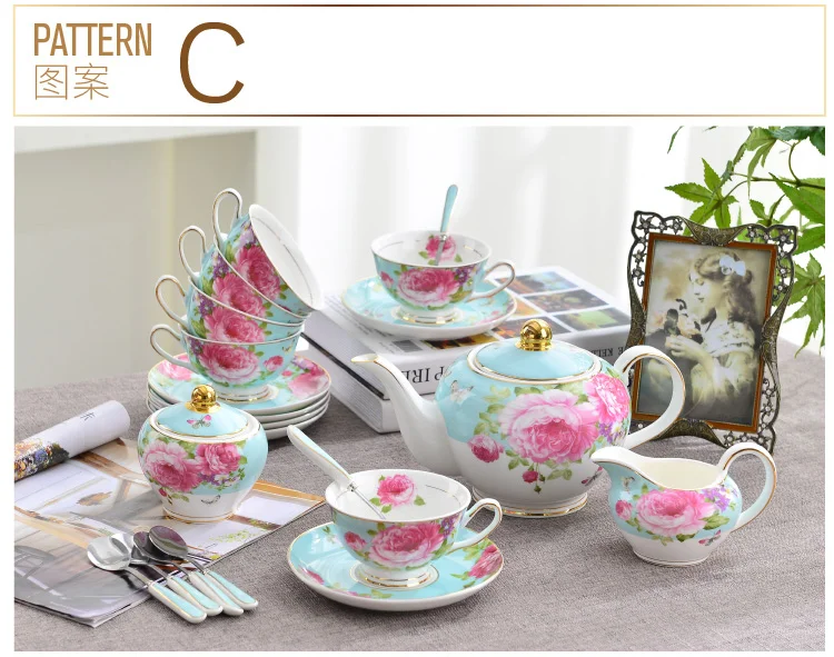 Custom Luxury Pink Color Floral Turkish Tea Cup Saucer Sets,Fine 5 Pcs Porcelain Tea Set Tea Pot Set details