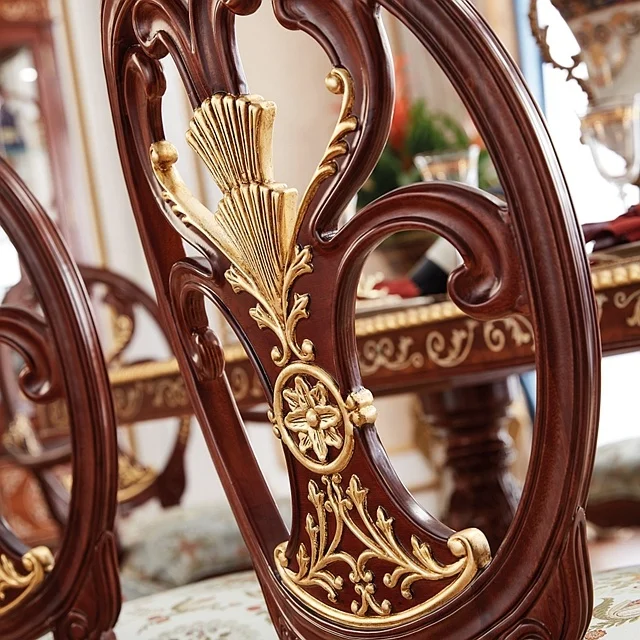 Luxury European British Style Sea Shell Veneer Decorated Mahogany Wood and Gold Dining Set