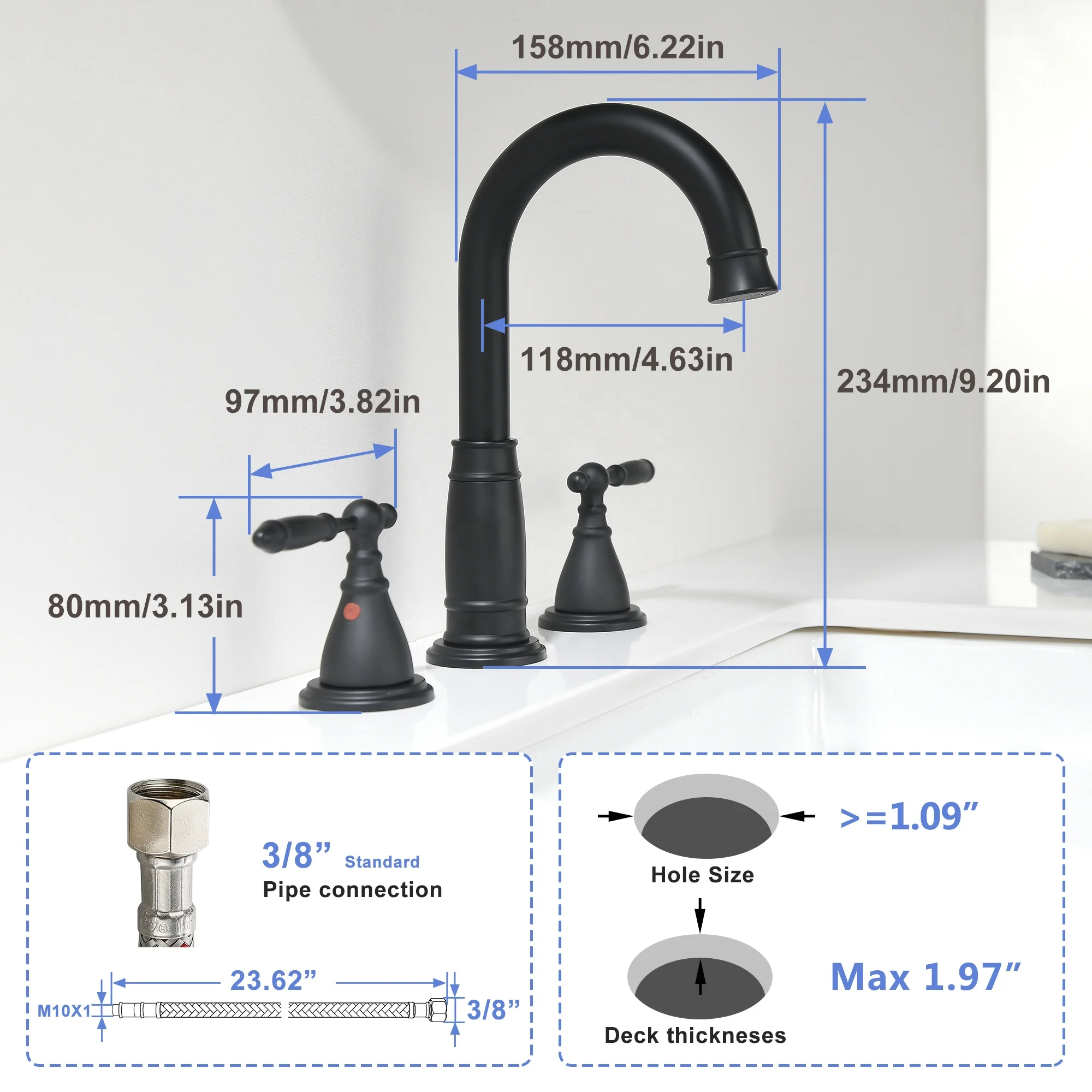 Traditional Matte Black 3 Hole Widespread Bathroom Faucet Dual Handle Gooseneck Basin Mixer Tap OEM Logo Customization