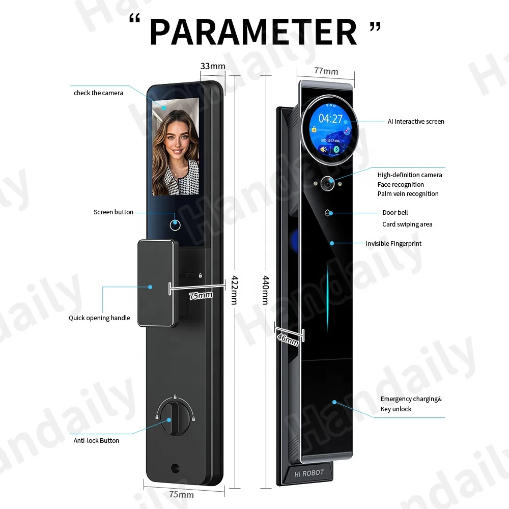 HanDaily Neue KI-Smartlocks Handvenen-Video-Türsprechanlage Tuya App Fernbedienung Schlüsselloser Zugang Gesichtserkennung Biometrisches digitales Türschloss V60