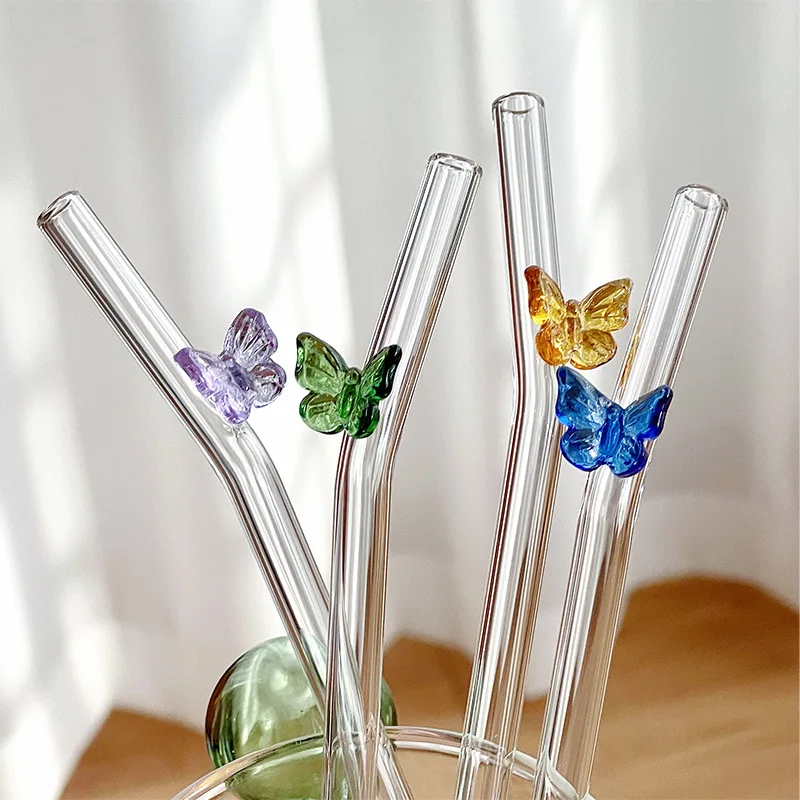High Appearance Level Colorful New Color butterfly Pyrex Glass Straw Juice Coffee Milk Elbow Straw