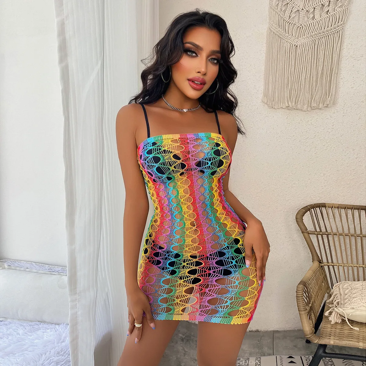 knee length dresses for ladies Stretchy Sheer Fishnet Mesh Crotchless Spaghetti Strap Body Stocking main image 1