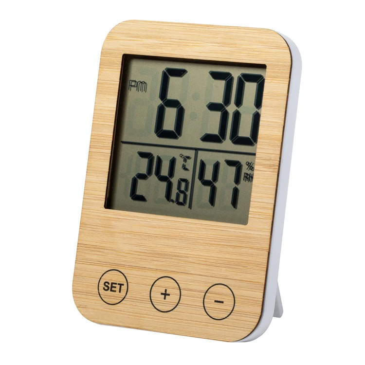 Indoor LCD Electronic Bamboo Temperature Humidity Meter Digital Thermometer Hygrometer Weather Station Alarm Clock