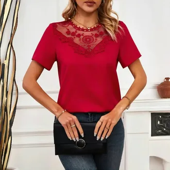 Contrast Lace Women's T-shirt Summer New European and American Elegant Lady Solid Back Keyhole Short Sleeve Blouse